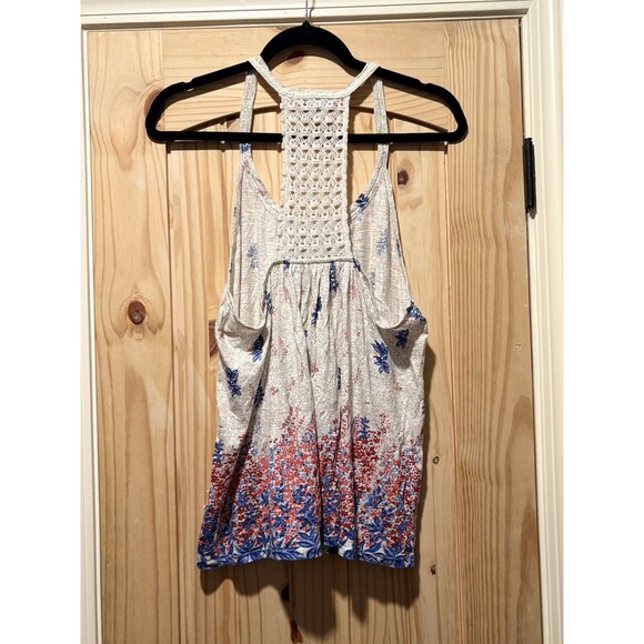 Lucky Brand Tank Top Womens Size Medium Blue Red Floral Crochet Sleeveless Racer - Picture 4 of 4
